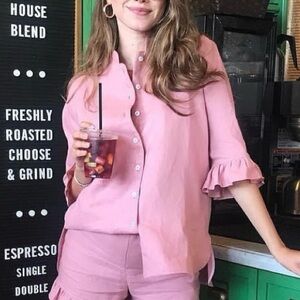 Sleeper 100% linen pink ruffle sleeve top